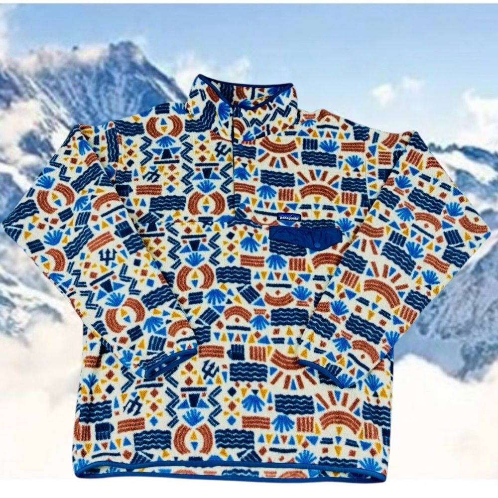 PATAGONIA MENS XXL “PROTECTED PEAKS”AZTEC SNAP-T SYNCHILLA FLEECE PULLOVER NWOT
